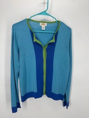 Talbots Light Blue & Royal Blue Silk Cardigan with Lime Trim Size Large